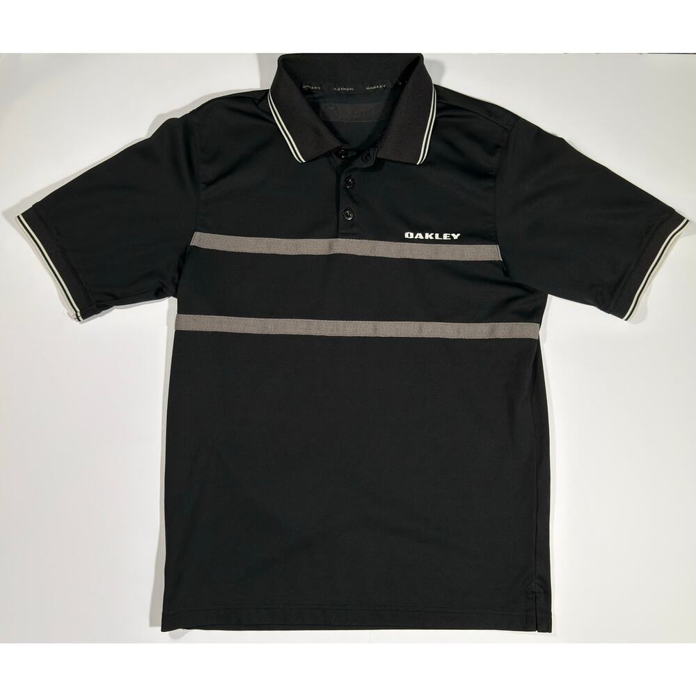 Oakley Performance Skull Tag Black Polo Shirt Quick Dry Logo Golf Mens Size Med